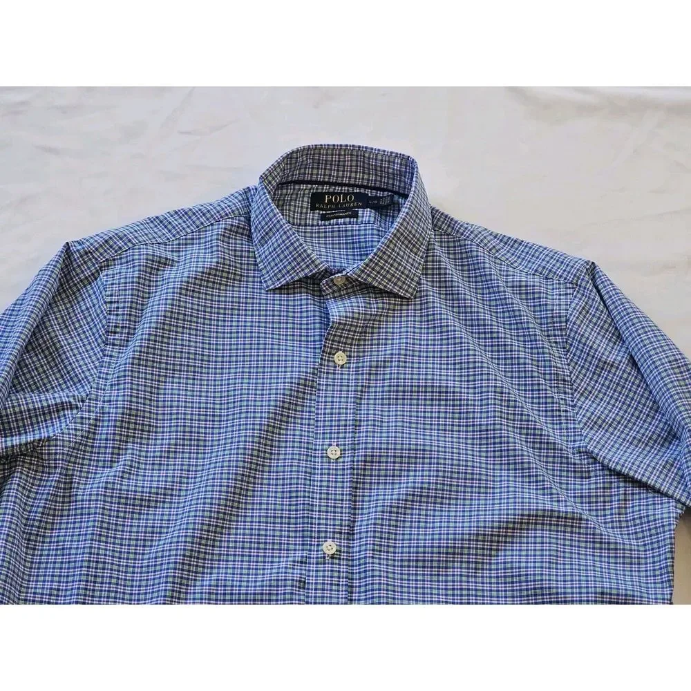 Polo Ralph Lauren Shirt Men's L Blue Plaid Performance Long Sleeve‎ Button Down